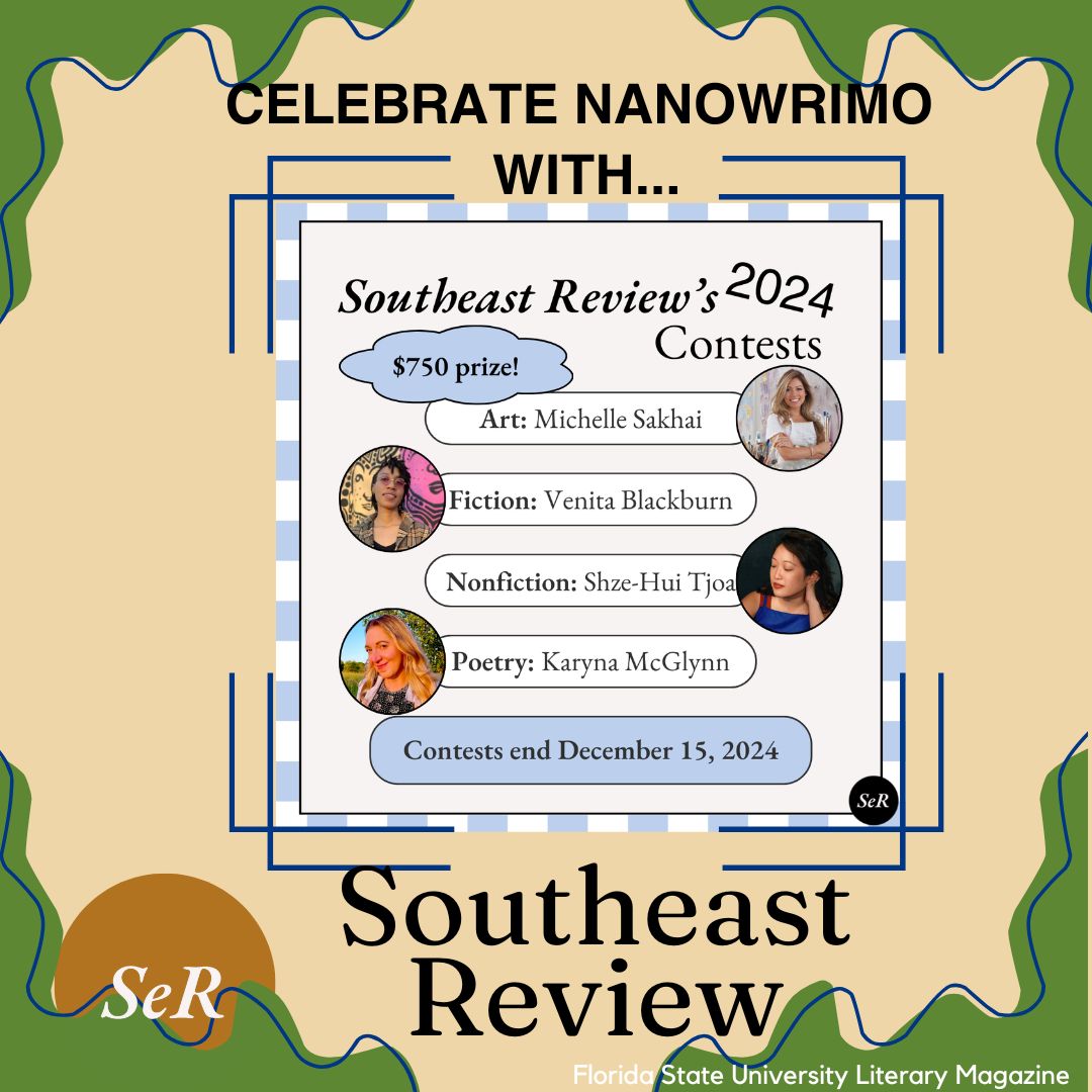 Only one more week until NaNoWriMo is over! And three more weeks until Southeast Review’s writing contest is! Celebrate finishing your writing goals by submitting to us, and winning big. Remember BIPOC submits for free. Happy Writing!
#NaNoWriMo#LiteraryMagazine#Contest#Prizes