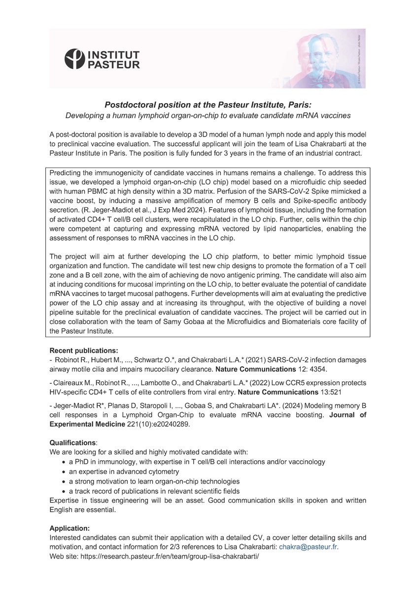VignuzziLab (@vignuzzilab) on Twitter photo postdoc position available in Lisa Chakrabarti's lab at <a href="/institutpasteur/">Institut Pasteur, since 1887</a> in Paris.
@Team_Chakra
topic:
organs-on-ship to test mRNA vaccines
see pic for details: postdoc position available in Lisa Chakrabarti's lab at <a href="/institutpasteur/">Institut Pasteur, since 1887</a> in Paris.
@Team_Chakra
topic:
organs-on-ship to test mRNA vaccines
see pic for details: