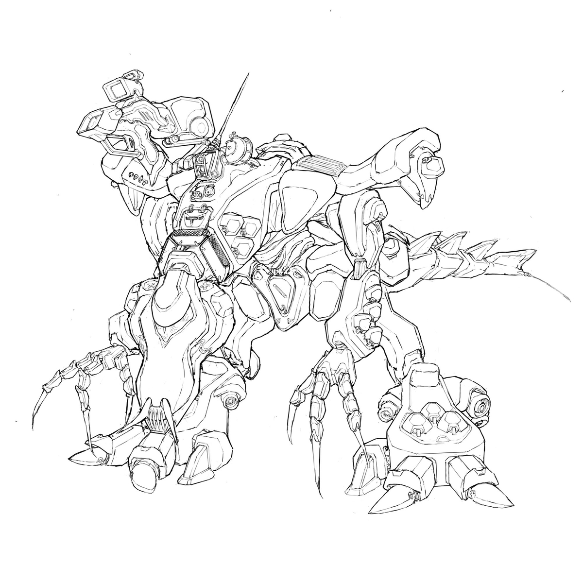 VulcanMagus's tweet photo. WIP of an original mecha design commission.

A machine designed and piloted by small creatures to fight human warriors.

While this construct is lizard-like in its bionic chassis, its upright configuration is inspired by human bipedal versatility https://t.co/YdaILH1pgY