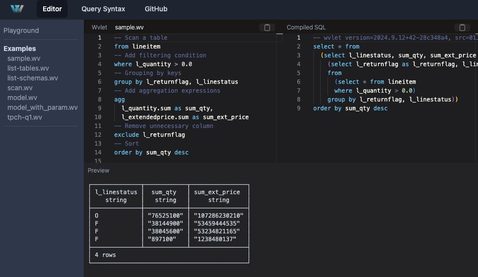A playground for Wvlet, a new flow-style query language, is now available on the web. Powered by Scala.js and DuckDB Wasm, it evaluates your queries in real time as you type. wvlet.org/wvlet/playgrou…