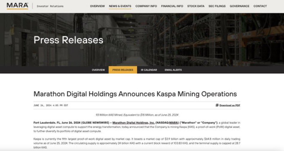 <a href="/saylor/">Michael Saylor</a> Also on the #Kaspa standard.  

"As of September 30, 2024, we held approximately 108 million $KAS on our balance sheet. We intend to add to our #Kaspa holdings primarily through production activities."

— $MARA