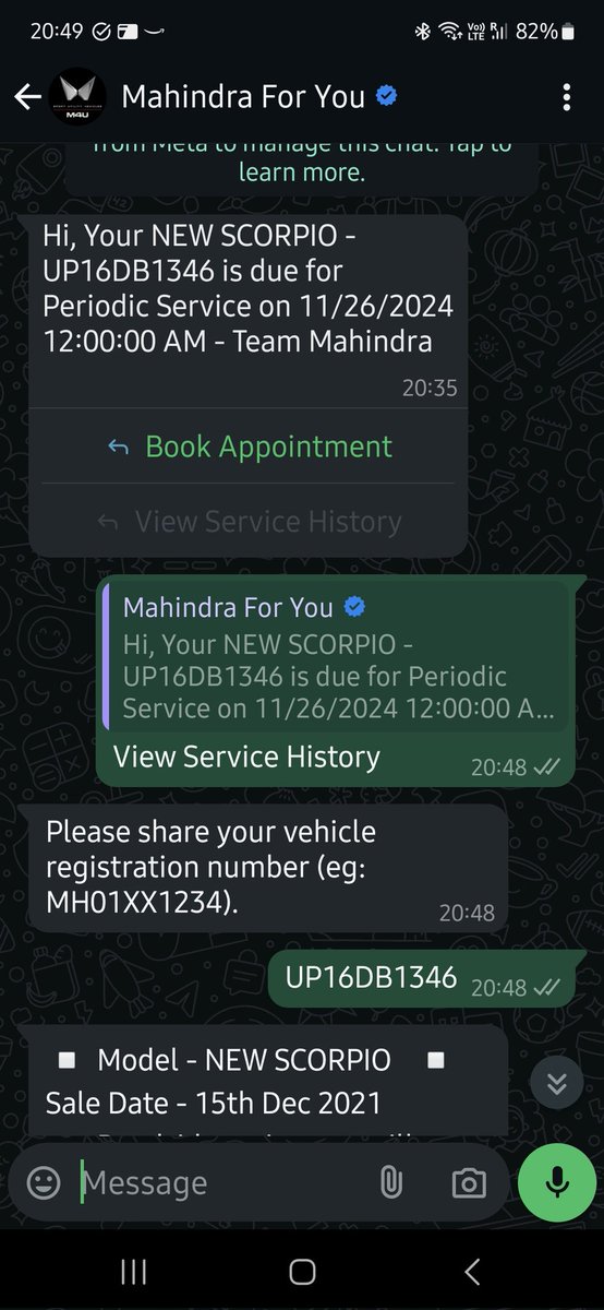 nk_amath's tweet photo. @18002096006 @anandmahindra 

After offering to provide service history, whole providing me my regn number, it again asks me regn number ! And then doesn't even have the service history. https://t.co/ZG1YuEMR9B