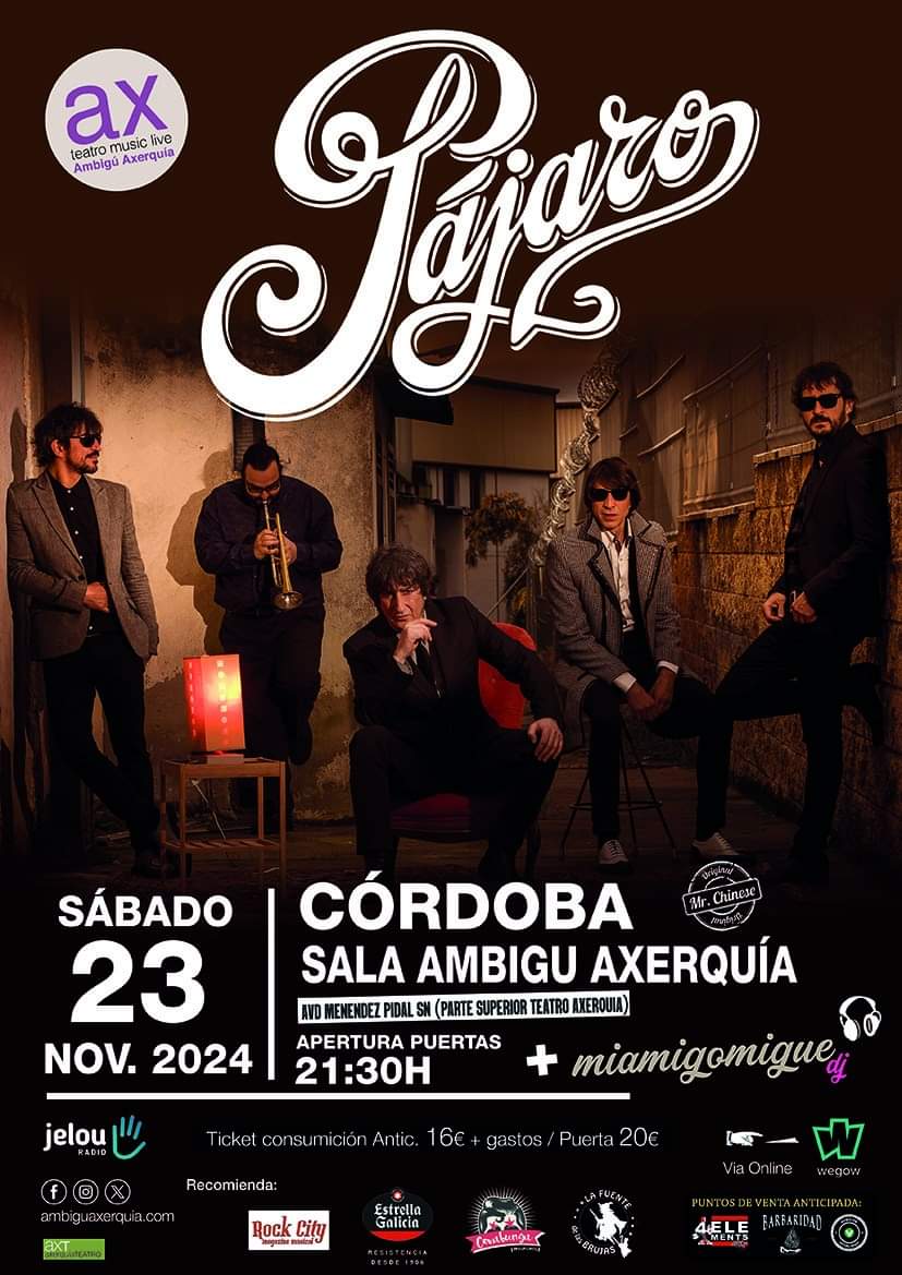 wegow.com/es/conciertos/…
Anticipada para hoy, no te quedes sin a Pajaro
<a href="/AmbiguAxerquia/">SalaAmbigu Axerquia Córdoba</a>
