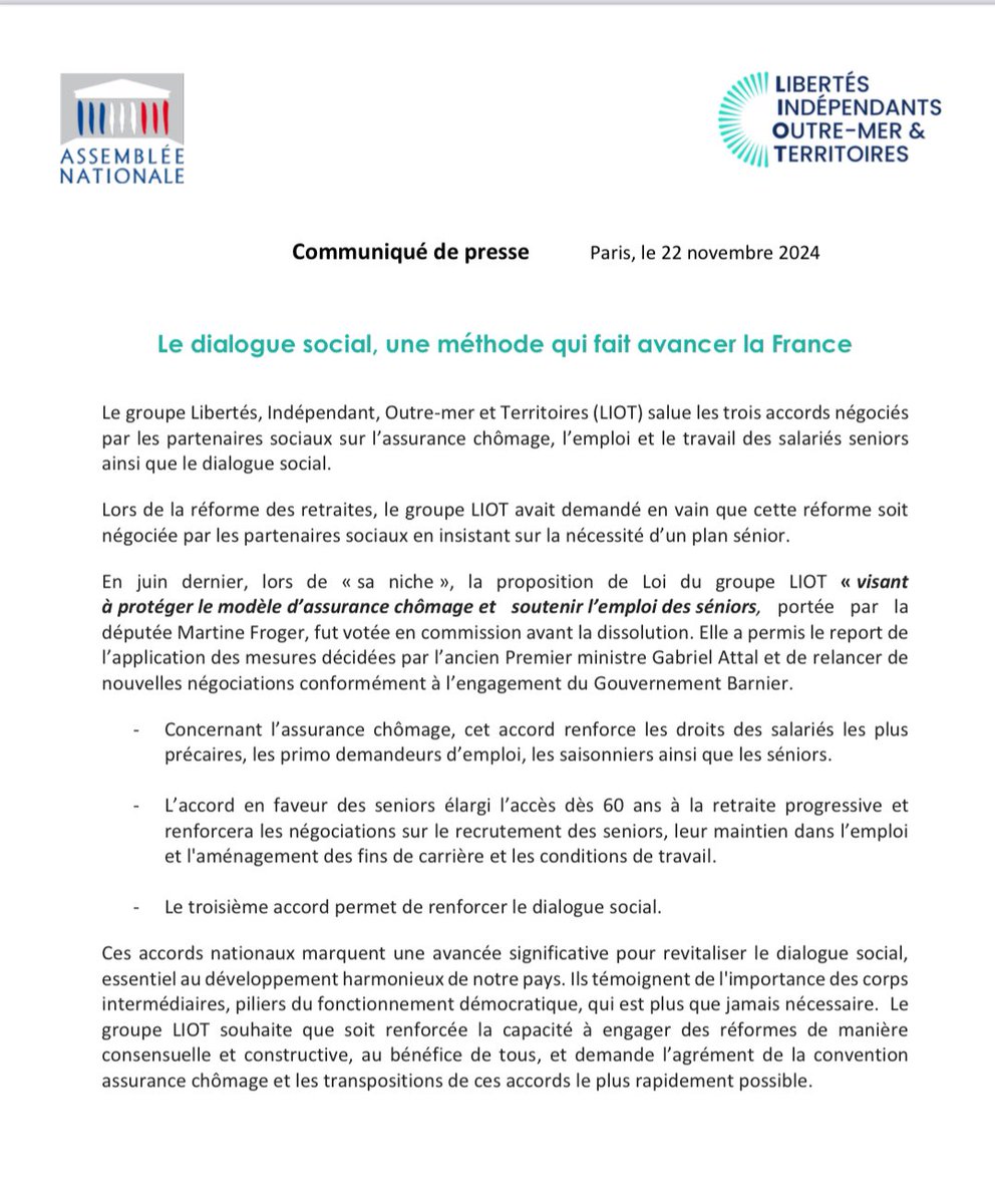 « Le dialogue social, une méthode qui fait avancer la France » Communiqué de presse du groupe #Liot