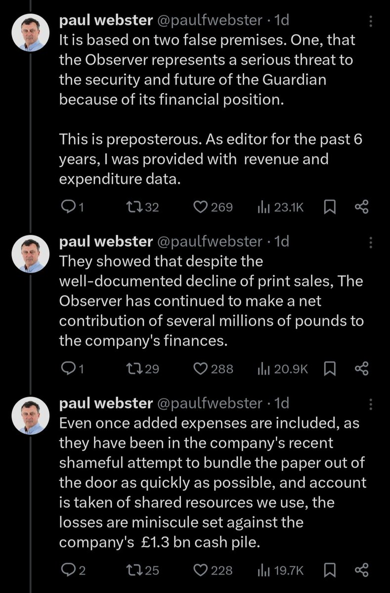 It's a useful and interesting thread, but this is a fun case of business maths.

1. "Of course the Observer is financially healthy! It brings in millions of pounds!"

2. "*Of course* it *costs* more than that to make, but never the less!*"
