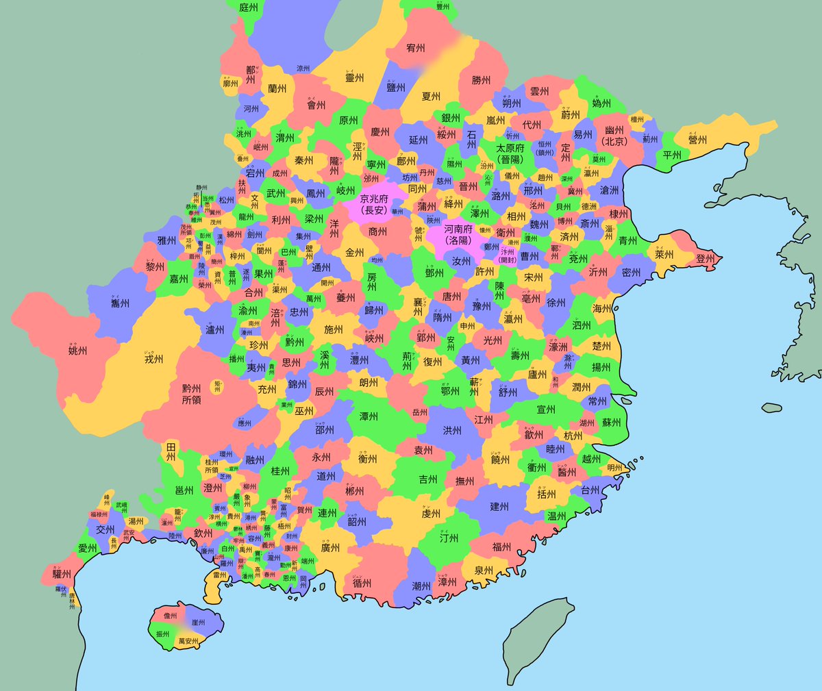 唐の州地図の修正版、できた……。