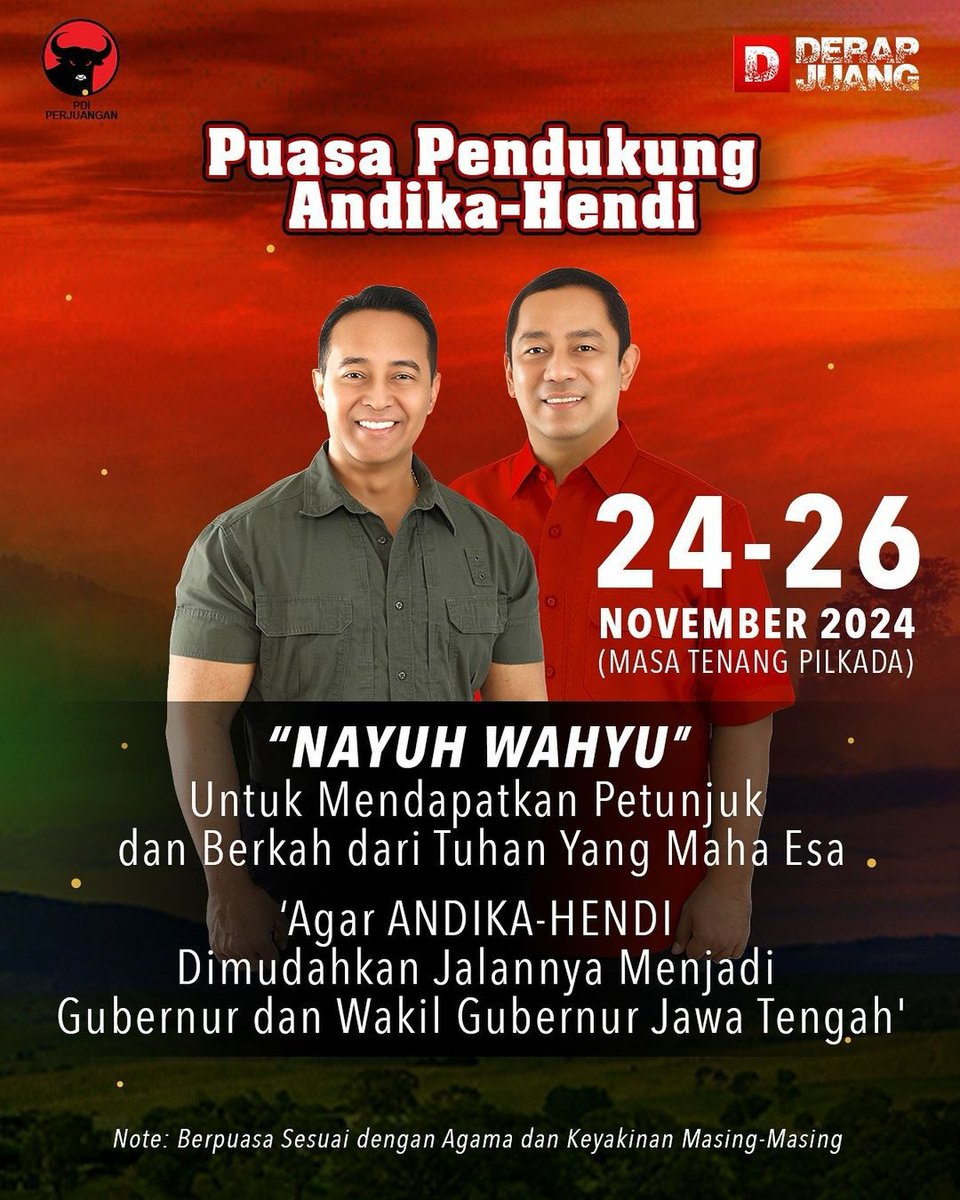 Rakyat Jateng merayu Tuhan.

Masa tenang Pilkada 24-26 November di isi para Pendukung Andika-Hendi dengan ibadah puasa sunat. 

Agar Andika Hendi di mudahkan jalannya menjadi Gubernur dan Wakil Gubernur Jawa Tengah.

Amiin. 
Insya Allah 
#JatengPerkasa 
#JatengBerSATU