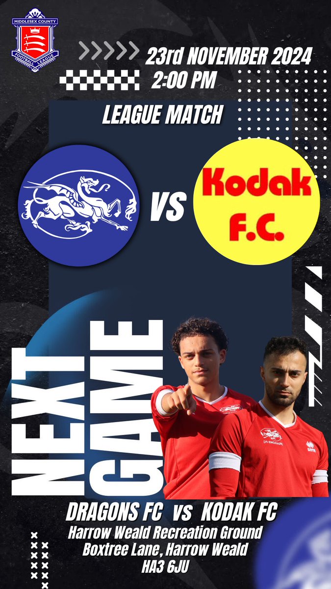 Kensington Dragons FC (@kendragonsfc) on Twitter photo 1st Team Match Details:
🗓️23/11/2024
🏆Middlesex Premier Div
⏱️2:00PM Kick Off
🆚<a href="/kodakharrow/">Kodak Football Club</a>
🏟️ Harrow Weald Recreation Ground
Boxtree Lane
Harrow
HA3 6JU
🎟️ £0 1st Team Match Details:
🗓️23/11/2024
🏆Middlesex Premier Div
⏱️2:00PM Kick Off
🆚<a href="/kodakharrow/">Kodak Football Club</a>
🏟️ Harrow Weald Recreation Ground
Boxtree Lane
Harrow
HA3 6JU
🎟️ £0