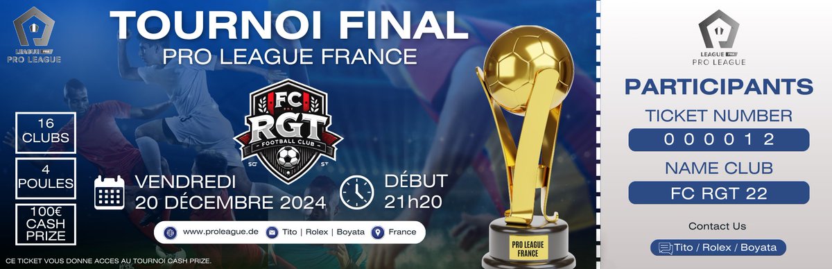 🎫 | TICKET D’INVITATION

Pour obtenir un des précieux ticket d’invitation, il faut être dans les 4 premiers d’un des quatre tournois de qualification ! 

C’est chose faite pour 
<a href="/LegendariousFc/">SSC Legendarious</a> ✅
@RcGrasseeSport ✅
#EDF <a href="/ProLeagueFR/">Pro League France</a> ✅
<a href="/BlaizeDVM/">DVMBlaize</a> ✅

GG et rdv le 20/12/2024🫡