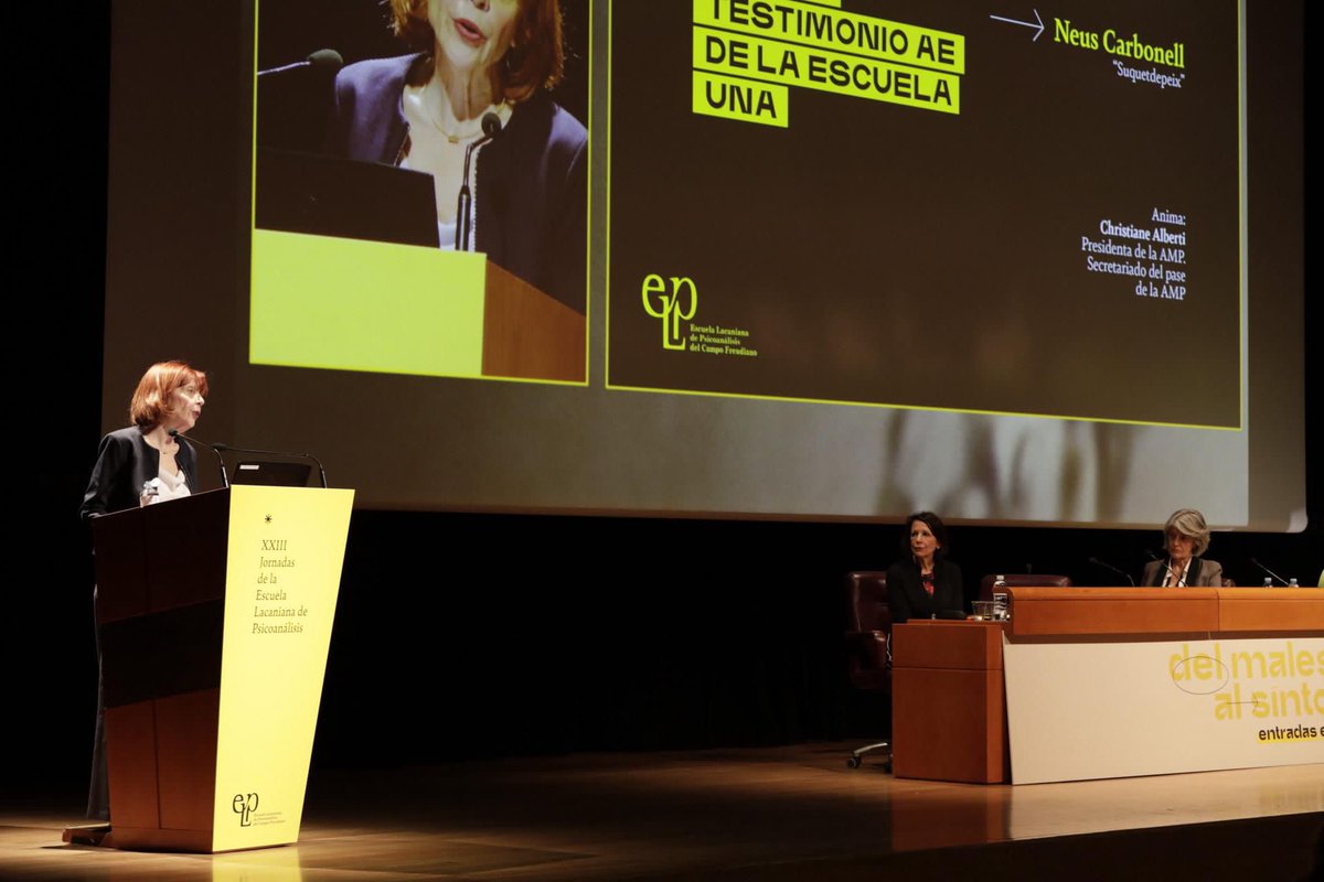 Luego de la bienvenida a las XXIII Jornadas de la ELP escuchamos el testimonio de Neus Carbonell, AE de la Escuela Una, titulado “Suquetdepeix”. 

Anima Christiane Alberti, presidenta de la AMP, Secretariado del pase de la AMP.

Fotógrafo: Pablo Urkiola