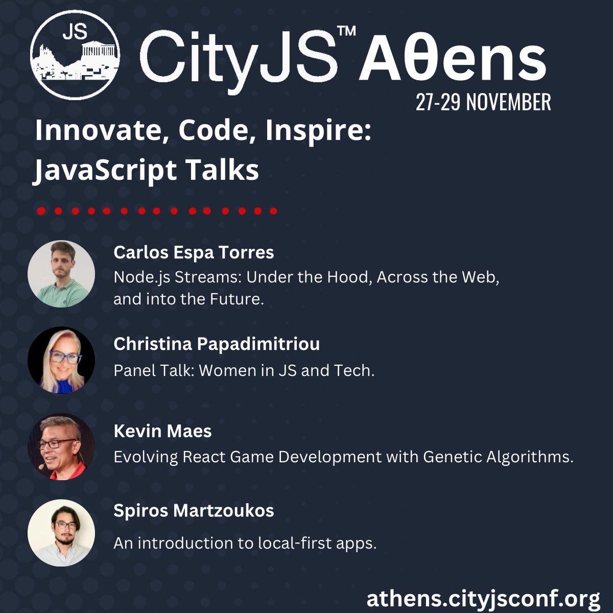 cityjsconf's tweet image. Next week we got a lot of nice talks in 
#nodejs streams 🚀 , building games 🤩 with @statelyai and #React, panel talk in women woman 👩 in tech and local first apps  ‼️ 

Get your ticket now 
athens.cityjsconf.org