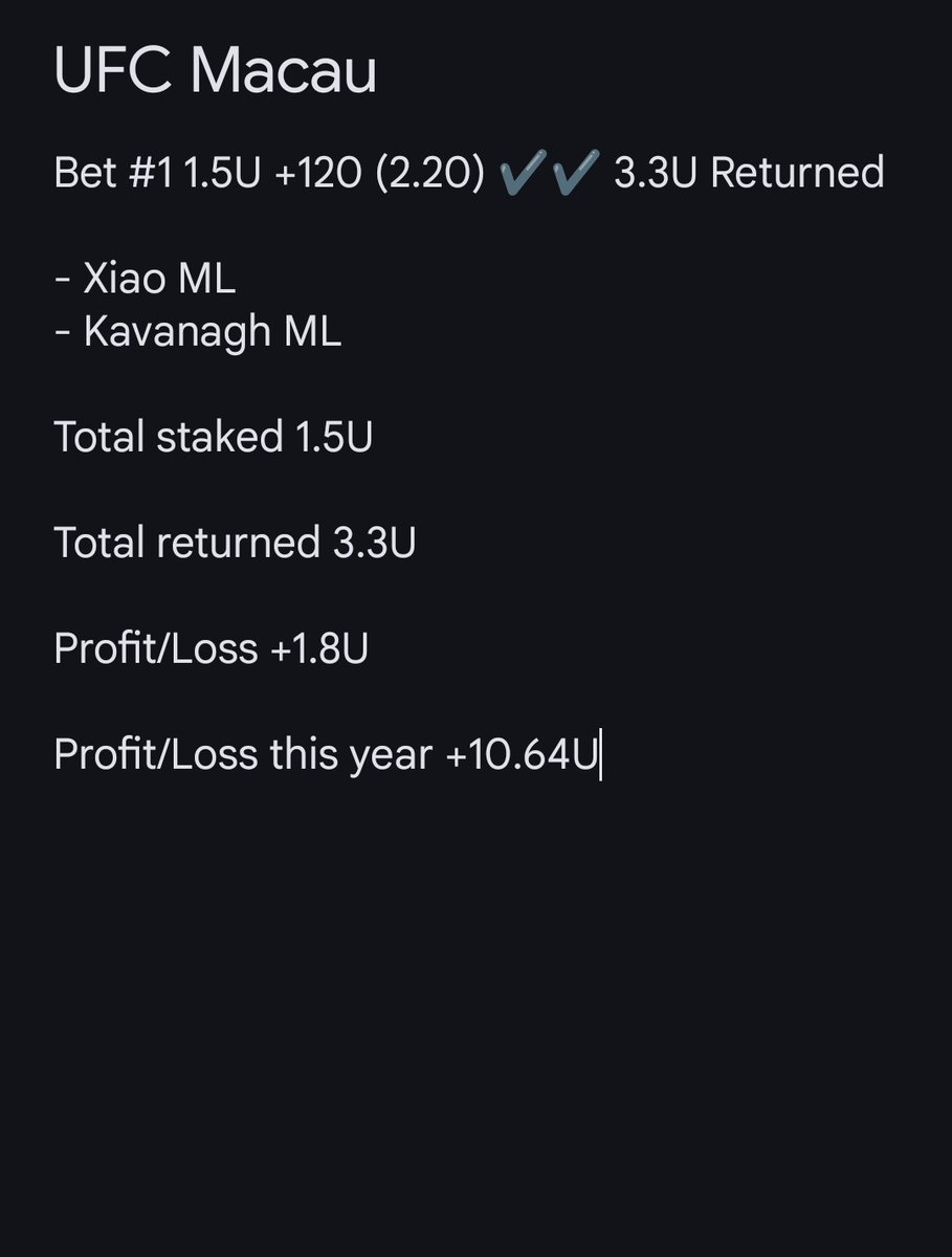 #ufcmacau betting Recap:

Nice profit early in the card watch the rest of the card with ease

#ufcbets #bestbets