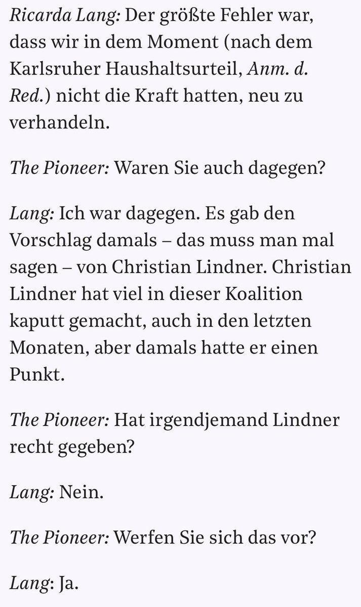 Ricarda Lang hat Recht. Ihre Selbstkritik ist nobel. Aber vor allem ich muss mir vorwerfen, die Wucht des Haushaltsurteils nicht entschiedener genutzt zu haben, um das Durchwursteln des Kanzlers zu beenden. Lektion gelernt! CL