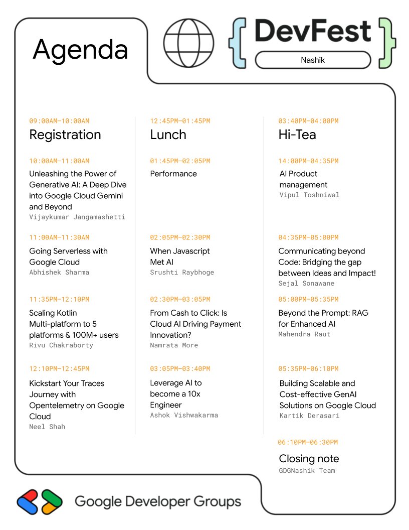 🚀 The official agenda for #DevFestNashik 2024 is here! 🎉 Packed with AI, Cloud, Kotlin, and more! 🧠💡 Get ready for a day of innovation and networking. Check out the full agenda below.#GDGNashik #TechCommunity #AI #CloudTech #DevFest2024 #Excited