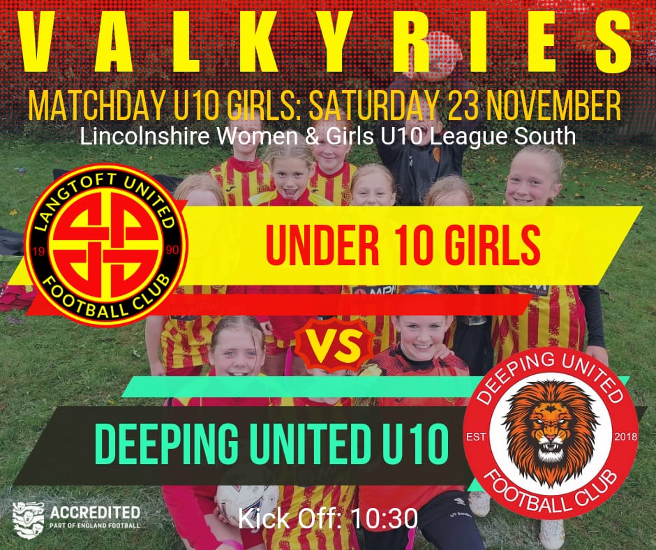VALKYRIES LATEST FIXTURES
U9 Girls away at <a href="/WisbechStMaryFC/">Wisbech St Mary FC</a>  U9 girls <a href="/cambsgwleague/">Cambridgeshire Womens and Girls League</a>
U10 Girls at home to <a href="/DeepingUnitedFC/">Deeping United F.C</a> U10 Girls <a href="/LWGFL1/">Lincolnshire Women & Girls' Football League</a>
U11 Girls at home to <a href="/ThurlbyFc/">Thurlby Tigers Football Club</a> U11 girls <a href="/LWGFL1/">Lincolnshire Women & Girls' Football League</a>
All fixtures are due to beat the weather and go ahead.

#LetGirlsPlay #Valkyries #Respect
