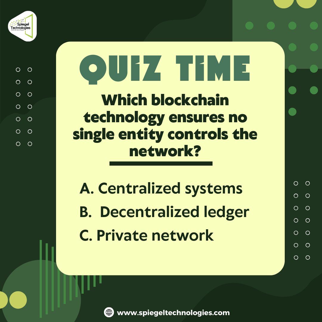 SpiegelTechies's tweet image. Quiz Time!🧠
Which blockchain technology ensures no single entity controls the network?

Got your answer? Share your thoughts below!👇

#SpiegelTechnologies #quiztime #crypto #cryptotechnology #QuizTime
#Bitcoin #CryptoQuiz #BlockchainTrivia #CryptoHistory #FunFacts