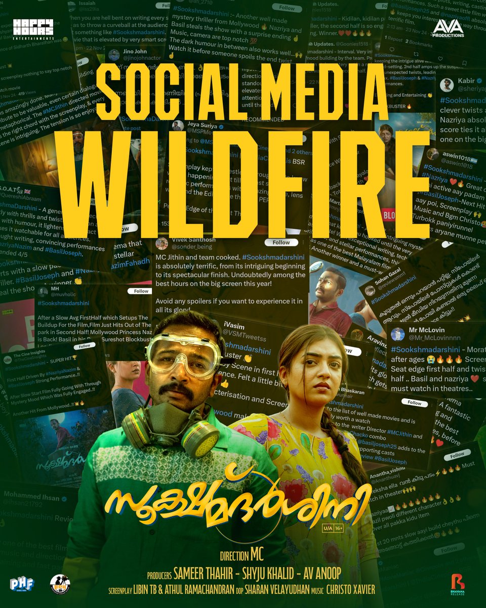 Buzzing through timelines like wildfire! 🔥📱

#Sookshmadarshini 

A Film by #MCJithin 🎬

<a href="/basiljoseph25/">basil joseph</a> <a href="/NazriyaFahadh/">Nazriya Nazim Fahadh</a> #AkhilaBhargavan #PoojaMohanraj #DeepakParambol #KottayamRamesh #SameerThahir #ChristoXavier #AVAProduction #HappyHoursEntertainments <a href="/BhavanaRelease/">Bhavana Release</a>