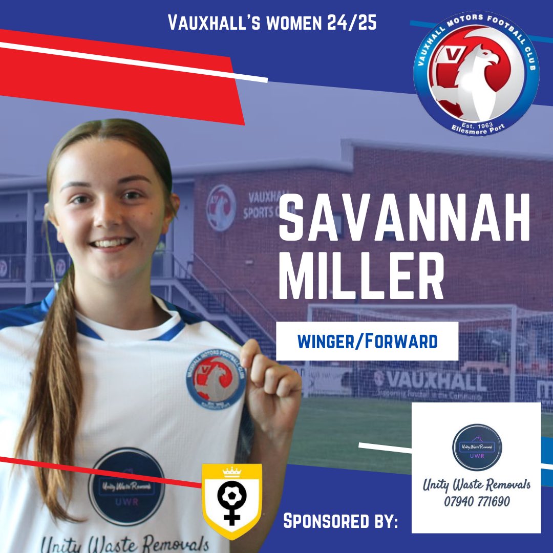 📣 Player Sponsorship Announcement 📣

We’re thrilled to announce that Savannah Miller– our winger/forward for Vauxhall Motors Women’s 24/25 season – is proudly sponsored by Unity Waste Removals! A huge thank you for supporting Savannah and helping us invest in women’s football.