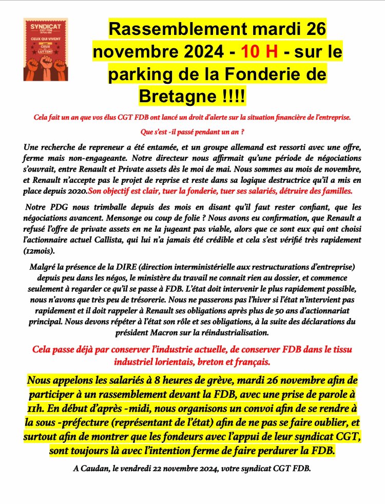 #Metallurgie #Morbihan #Caudan #FDB
Solidarité avec les salarié.e.s de la Fonderie de Bretagne en lutte pour leur emploi.
Renault doit prendre ses responsabilités.
Stop aux licenciements boursiers
Rendez-vous sur place mardi 26 à 10h.
