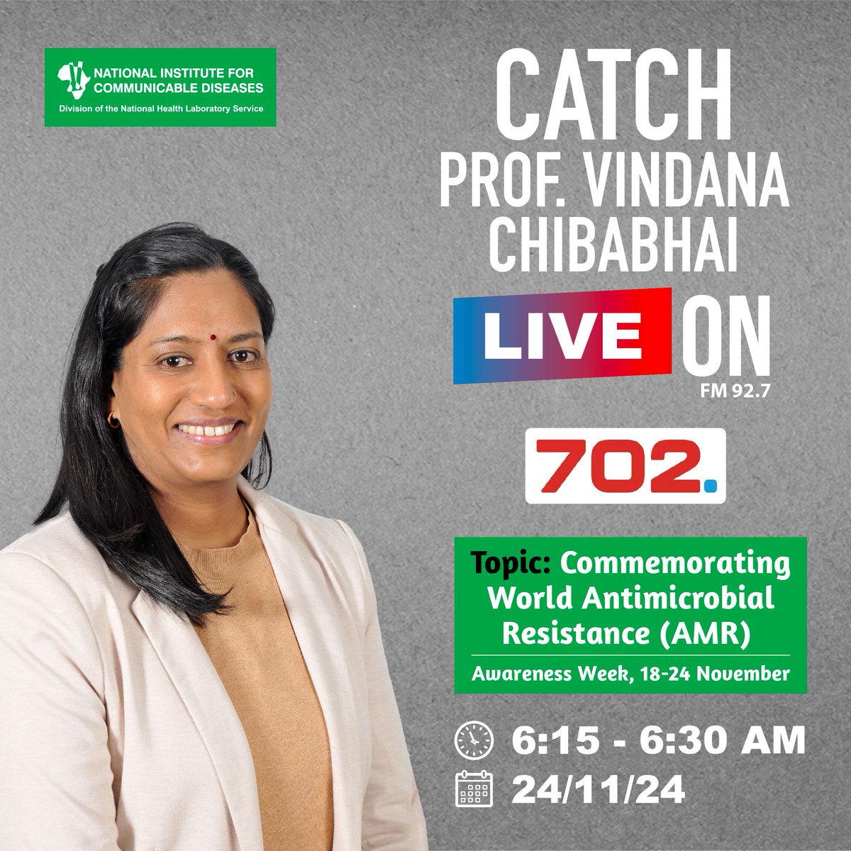 Tune in tomorrow from 06:15 to 06:30 AM on Radio702 for an expert-led discussion on antimicrobial resistance with Prof. Vindana Chibabhai, Head of the Centre for Healthcare-Associated Infections, Antimicrobial Resistance, and Mycoses (CHARM).