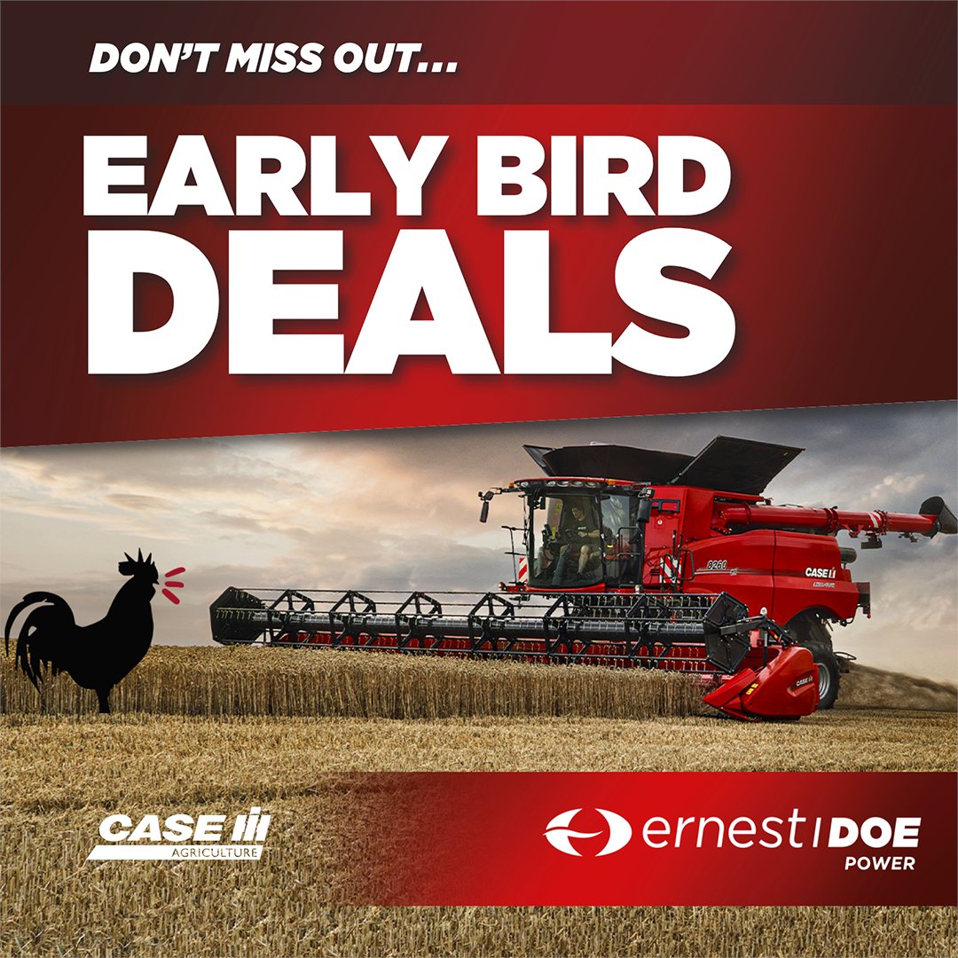 EARLY BIRD DEALS, DON’T MISS OUT!
🐓Act fast and take advantage of our Early Bird Offers on Case IH Combines and
Balers, contact us today!
Find out more:
prod.caseih.com/en-gb/unitedki…
#ErnestDoe #CaseIH #EarlyBirdOffer
