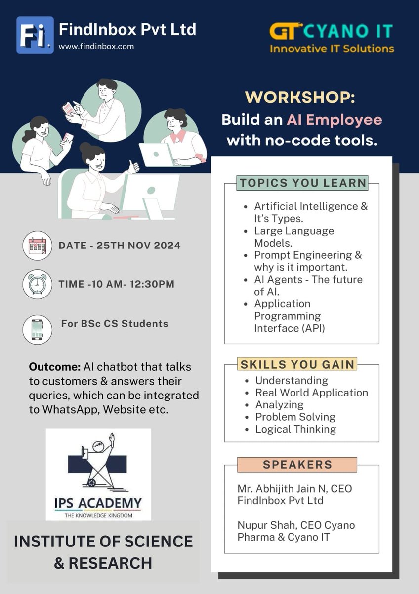 IpsIsr's tweet photo. Workshop on "Build an AI Employee with no-code tools"
Date 25th November 2024
Time 10:00 am
#IPS_Academy_Indore
@findinbox_pvt https://t.co/qKyEI1EvCg