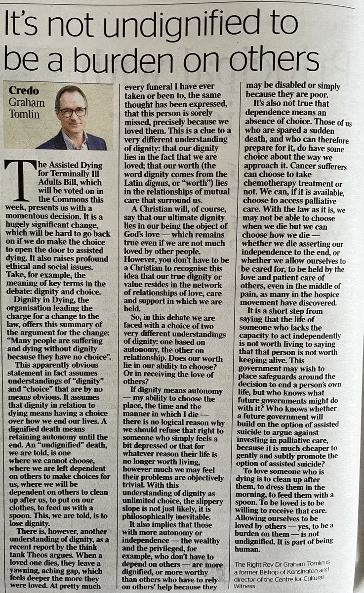 My thoughts on Assisted Dying in the Times today and why the slippery slope is not just likely - given the grounds on which the case for change is being made- it’s philosophically inevitable,