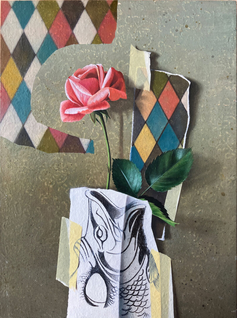 Astrid Köhler, Pampers, tapes and rose, 30x40cm, Mischtechnik und Öl auf Holz, monogr. (inverso), dat. 2024 

kunstbehandlung.com/epages/e787c8b…