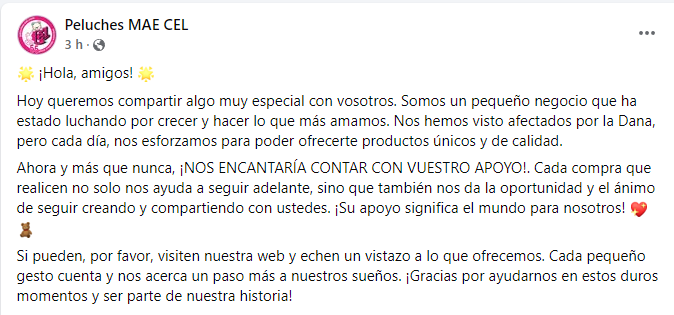 Nuestros amigos de <a href="/peluchesVIRyCEL/">MAE CEL PELUCHES</a> de Beniparell también se han visto afectados por la DANA. 
Llevan 57 años repartiendo ilusión en forma de peluche.
Os pedimos que nos ayudéis a difundir este tuit para que entre todos consigamos que salgan de este bache.
peluches-cel.com