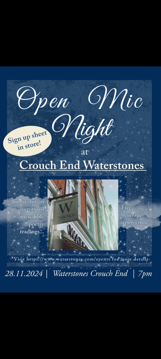 Next week we have our inaugural open mic night! Join us on Thursday 28th of November

Come in store or email us and sign up to read, or simply sit back, relax, and enjoy a wonderful evening of poetry readings. All are welcome 🤗

waterstones.com/events/open-mi…