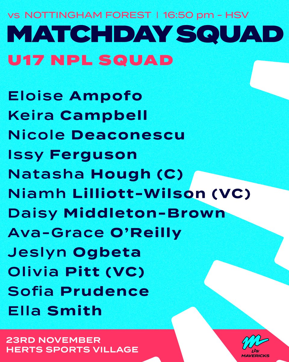 MavericksNpl's tweet photo. 🩵Its Game Day for our NPL squads🩷
Here are your squads against @NFNetball
Free to watch on line or in person at @HertsSV
#BeAMaverick 🩵🩷 https://t.co/GFTstvkO3w
