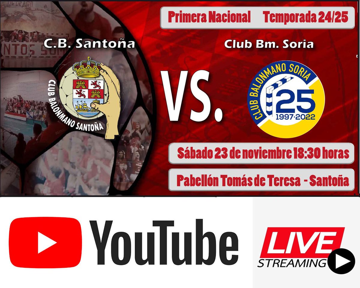 | EQUIPO SENIOR | Partido de liga en directo: CB SANTOÑA - CLUB BALONMANO SORIA (10ªJornada).

🎥 youtube.com/live/fDitqT60g…

📰 balonmanosantona.com/index.php/inic…

¡¡1, 2, 3...SANTOÑA!!

#JuntosSomosMás #CantabriaApetece