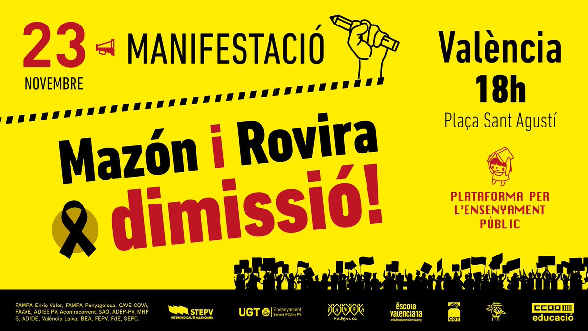 📆 Avui dissabte 23N a les 16h tenim una cita per acudir a la manifestació convocada per la Plataforma en Defensa de l’Ensenyament Públic (18h des de la Plaça Sant Agustí).

#DefensemlEducacio 
#MazonDimissió
#RoviraGoHome