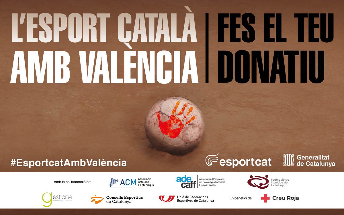 🔛Engeguem la campanya 𝐋'𝐞𝐬𝐩𝐨𝐫𝐭 𝐜𝐚𝐭𝐚𝐥𝐚̀ 𝐚𝐦𝐛𝐕𝐚𝐥𝐞̀𝐧𝐜𝐢𝐚 🙌

🗓️Des d'avui i fins el 31 de desembre
🤝Amb <a href="/CreuRojaCAT/">Creu Roja Catalunya</a> 
🫂 Sumem esforços per ajudar a les persones afectades per les inundacions de la DANA
➕Info a cercadeti.cruzroja.es/esportscatalax… 

#EsportcatAmbValència