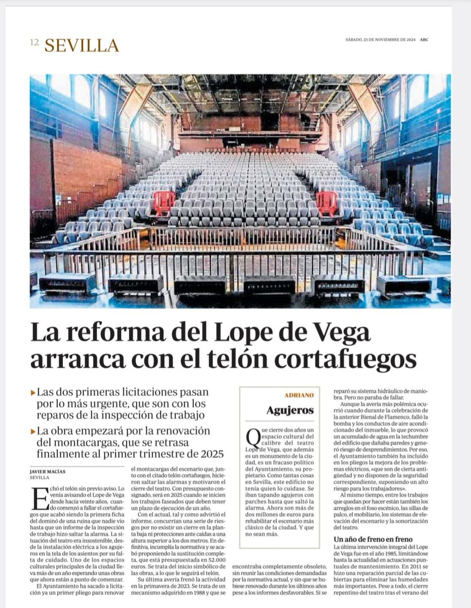 lucifdezplata's tweet photo. Llevan con el Lope de Vega cerrado 2 años; no han movido ni un ladrillo, no aparecido ni un albañil!

Y el Ayuntamiento de Sanz le pasa una foto al ABC de otro teatro ¿Cómo estará el Lope de Vega por dentro después de dos años de abandono para no querer pasar una foto del teatro? https://t.co/aV4deyxR1b
