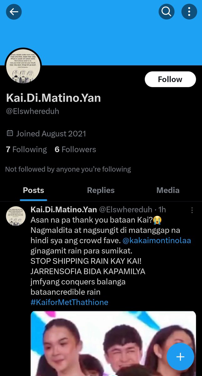 Hello everyone!

Please mass report <a href="/Elswhereduh/">Kai.Di.Matino.Yan</a> under hate category!

Reason: spreading false info targetting Kai and manipulating the situation

#KaiRainReport