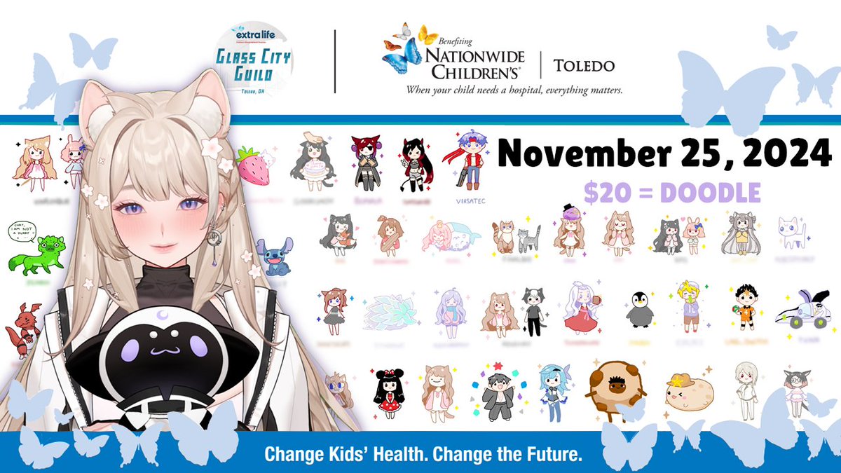 kittyhana's tweet photo. I'm partnering with Extra Life & the Nationwide Children's Hospital Toledo!
Our charity stream is November 25 and if you donate $20usd, I'll draw you a doodle on stream!
$250 raised - chat creates a tweet for me!
$500 raised - I play 1HR of Jump King
#ExtraLife #NCHT