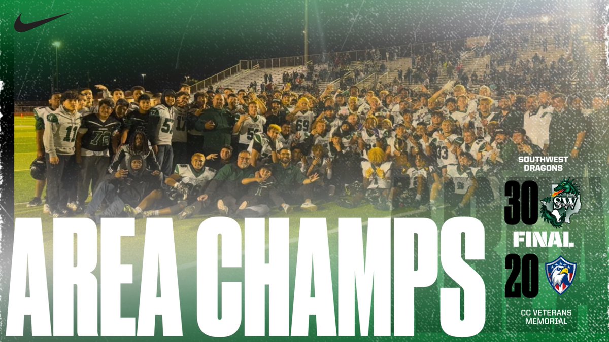 The Dragons go to Corpus Christi and beat CC Vets Memorial for the Area Championship! The Dragons improve to 12-0. Thanksgiving Football for the Dragons.