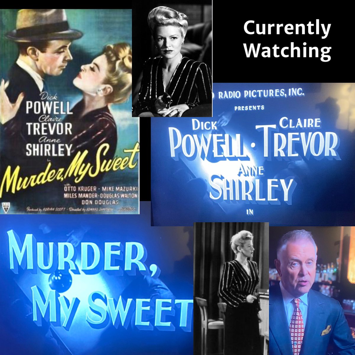 Currently Watching Dick Powell as detective Philip Marlowe ( &amp; Claire Trevor’s wardrobe 🙂) in “Murder, My Sweet” (1944)  ( complete with a very nice introduction by <a href="/EddieMuller/">Eddie Muller</a> on <a href="/tcm/">TCM</a> )
 🖤🖤🖤#filmnoir 🖤🖤  🎞️🖤🎞️