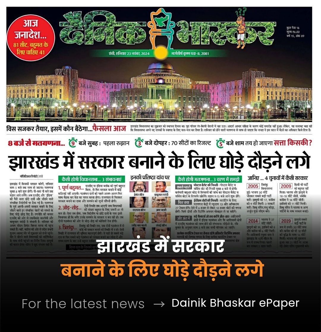 झारखंड में सरकार बनाने के लिए घोड़े दौड़ने लगे

सबसे पहले भास्कर में पढ़िए सभी सीटों का समीकरण |
झारखण्ड चुनाव की हर बड़ी खबर:
bhaskar.com/epaper/state/j…

#JharkhandAssemblyElections2024 #ElectionResults #Elections2024 #JharkhandElections2024 #NDA #INDIA