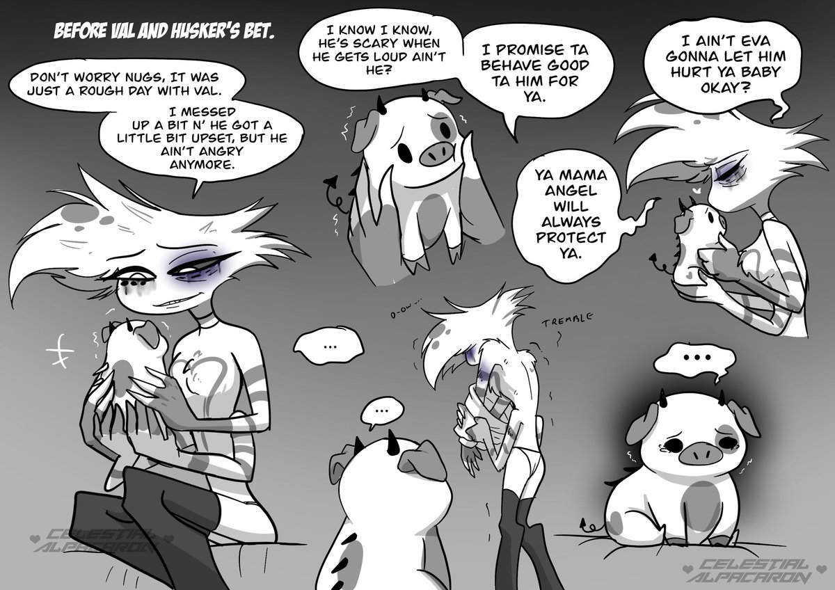 SuperCellAlpaca's tweet photo. Raise your hand if you are a believer that FatNuggets doesn’t immediately like Husker and will try to protect his daddy Angel and bites Husker in defense after he gets found out 🙋🏻‍♀️(PG. 1)  #overlordhuskau #huskerdust #hazbinhotel https://t.co/qwXhd6kS0Z