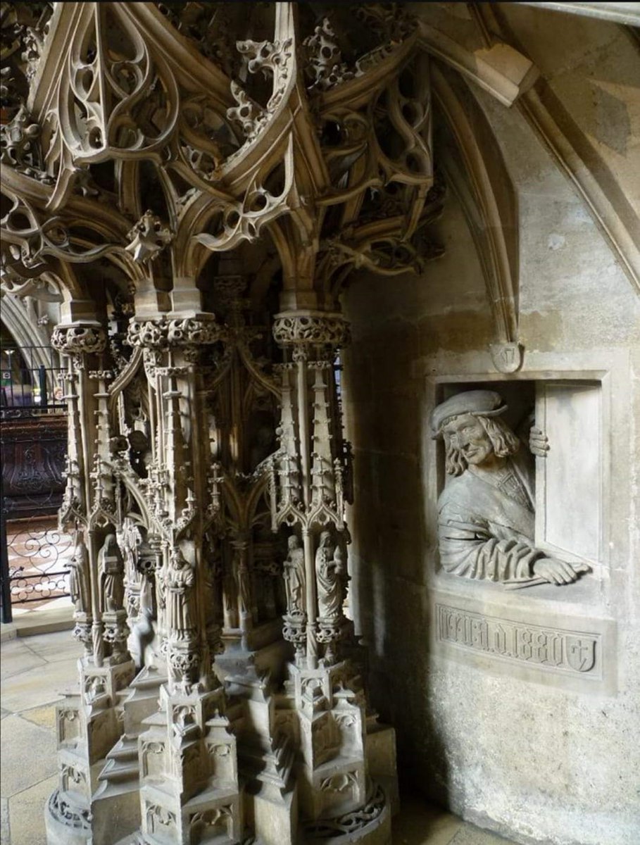 artinsociety's tweet photo. Anton Pigram pokes his head out of a side ‘window’ just to remind us that he’s the architect and sculptor of this magnificent Gothic pulpit at St Stephen’s Cathedral, Vienna (c1515) https://t.co/Vnt5az9y7E
