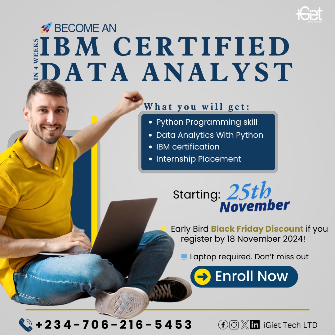 🚨 Only a Few Slots Left! 🚨

Secure your spot in the IBM-Certified Data Analyst Bootcamp

Join Now
forms.gle/pXqWf2USo3qFHG…

Why join?
✅ IBM Certification
✅ Internship assistance

Small class sizes = personalized attention. Don’t wait until it’s too late!

📩 Take actions Now