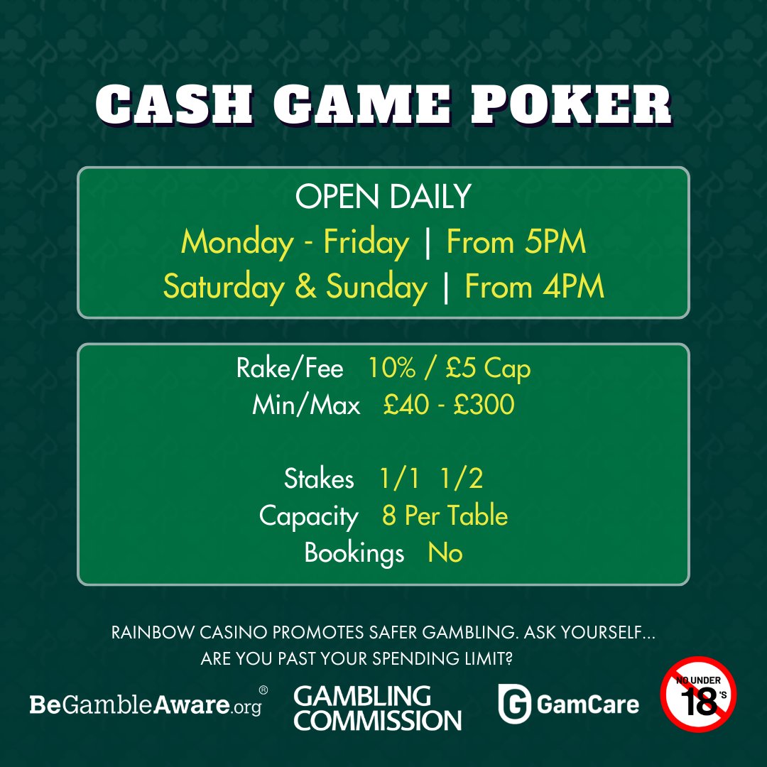 Cash poker is available daily at Rainbow Casino Bristol.
Email our poker room for more details: bristol.poker@rainbowcasino.co.uk 

BeGambleAware | Over 18 Only