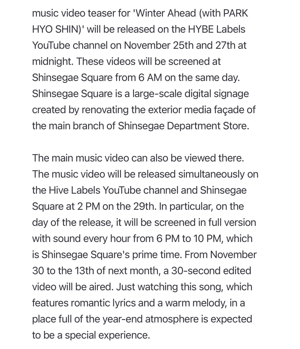 sevenrchive's tweet photo. TAEHYUNG AND PARK HYO SHIN’s “Winter Ahead” MV AND TEASER WILL BE SHOWN AT SHINSAEGAE SQUARE!

The music video teaser will be released on November 25th and 27th at midnight at Shinsegae Square from 6 AM on the same day. The main music video can also be viewed there (29th, 6-10PM) https://t.co/pis00Cqtet