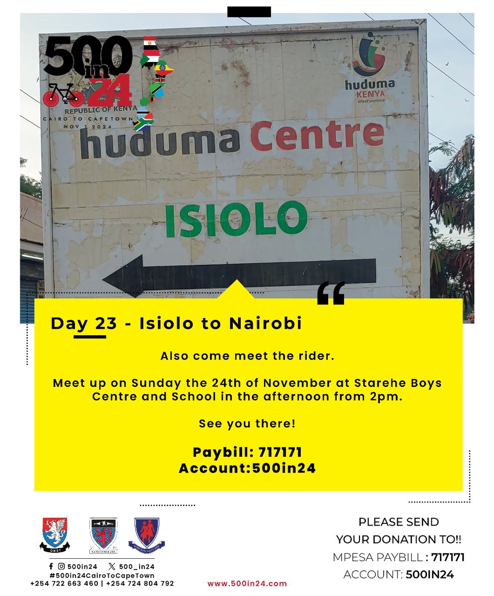 500_in24's tweet photo. Day 21:  Isiolo to Nairobi 

#500in24 #StareheBoysCentre #StareheGirlsCentre #CairoToCapeTown2024 https://t.co/gGOgXvM28V