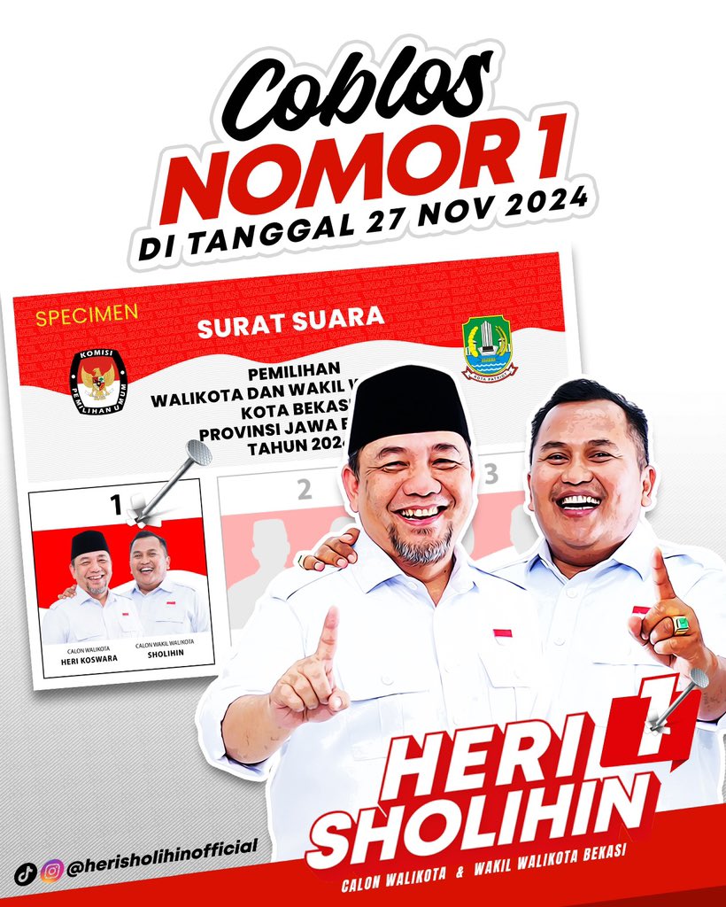 27 november 2024 coblos nomer 1 Heri Koswara - Sholihin untuk Walikota dan Wakil Walikota Bekasi

Bismillah bareng bareng kita Beresin Bekasi