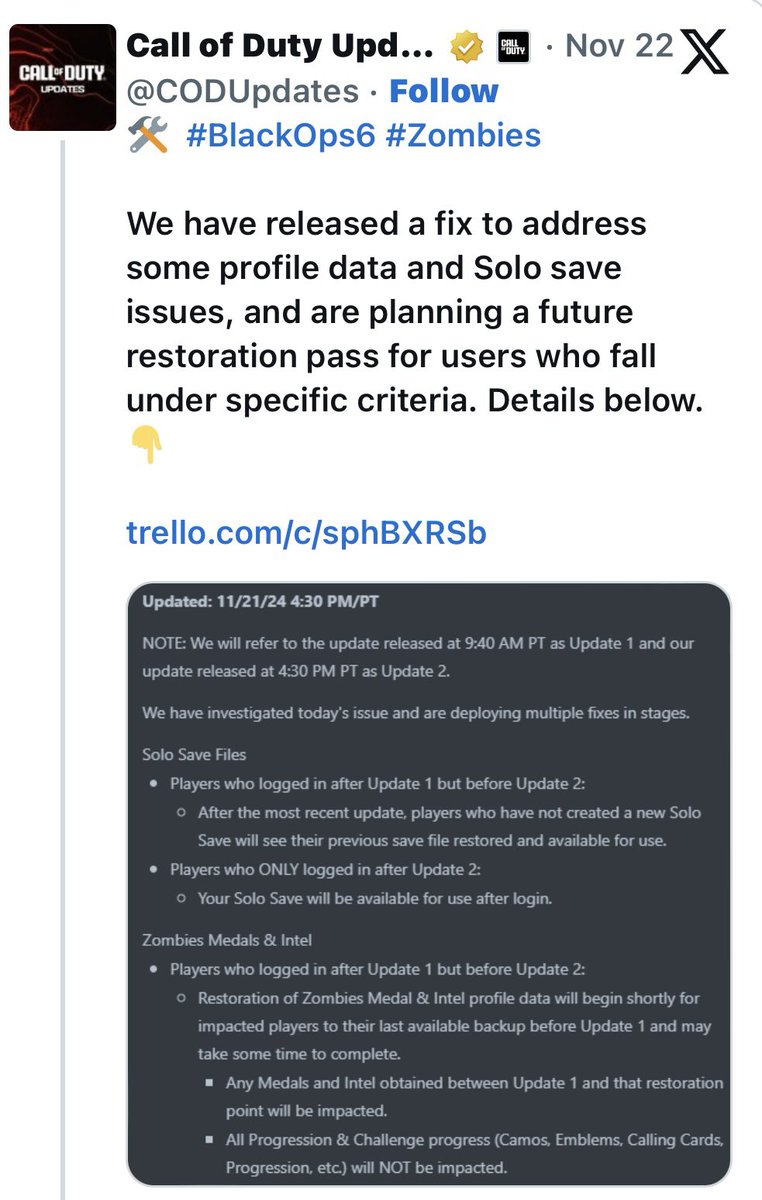 ThirdView11's tweet image. 🔧 Activision has fixed the progression issue in Call of Duty: Black Ops 6. Multiplayer and Zombies data are restored. Players might need to redo character customizations and loadouts. #BlackOps6 #CODUpdate
