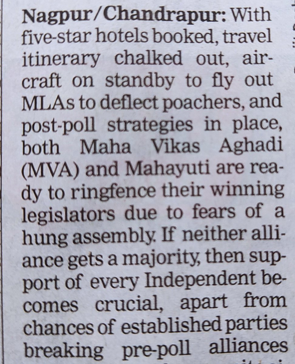 ThusSpakeSuyash's tweet photo. Front page of a national daily. @TOIIndiaNews We dont even pretend anymore that this may be unethical, or be hush-hush about it. We even have a cutesy name to it - resort politics. And a formal one :  post-poll strategies.  #MaharashtraElectionResults https://t.co/dYsYf6KyYq
