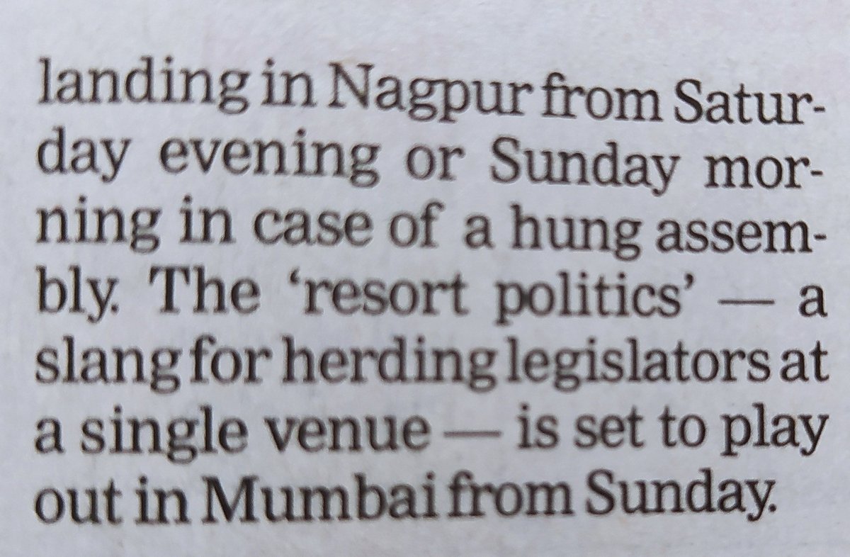 ThusSpakeSuyash's tweet photo. Front page of a national daily. @TOIIndiaNews We dont even pretend anymore that this may be unethical, or be hush-hush about it. We even have a cutesy name to it - resort politics. And a formal one :  post-poll strategies.  #MaharashtraElectionResults https://t.co/dYsYf6KyYq